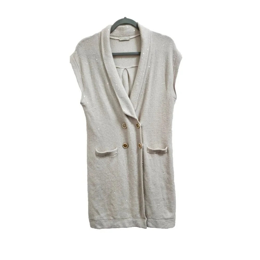 Brunello Cucinelli Cashmere Sleeveless Shawl Cardigan Speckled Knit Vest Double